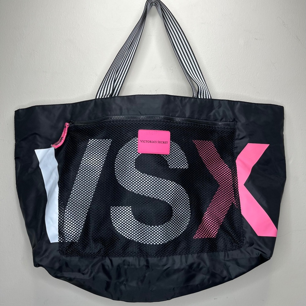 Victoria's Secret Tote Bag VSX Sport Black Nylon Large Mesh Pocket Gym Travel